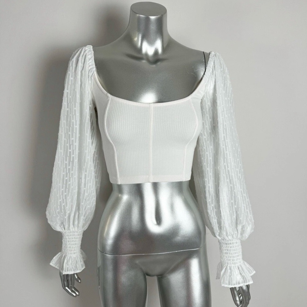 Urban Outfitters Crop Top Womens Medium Puff Sleeve White Ribbed Romantic